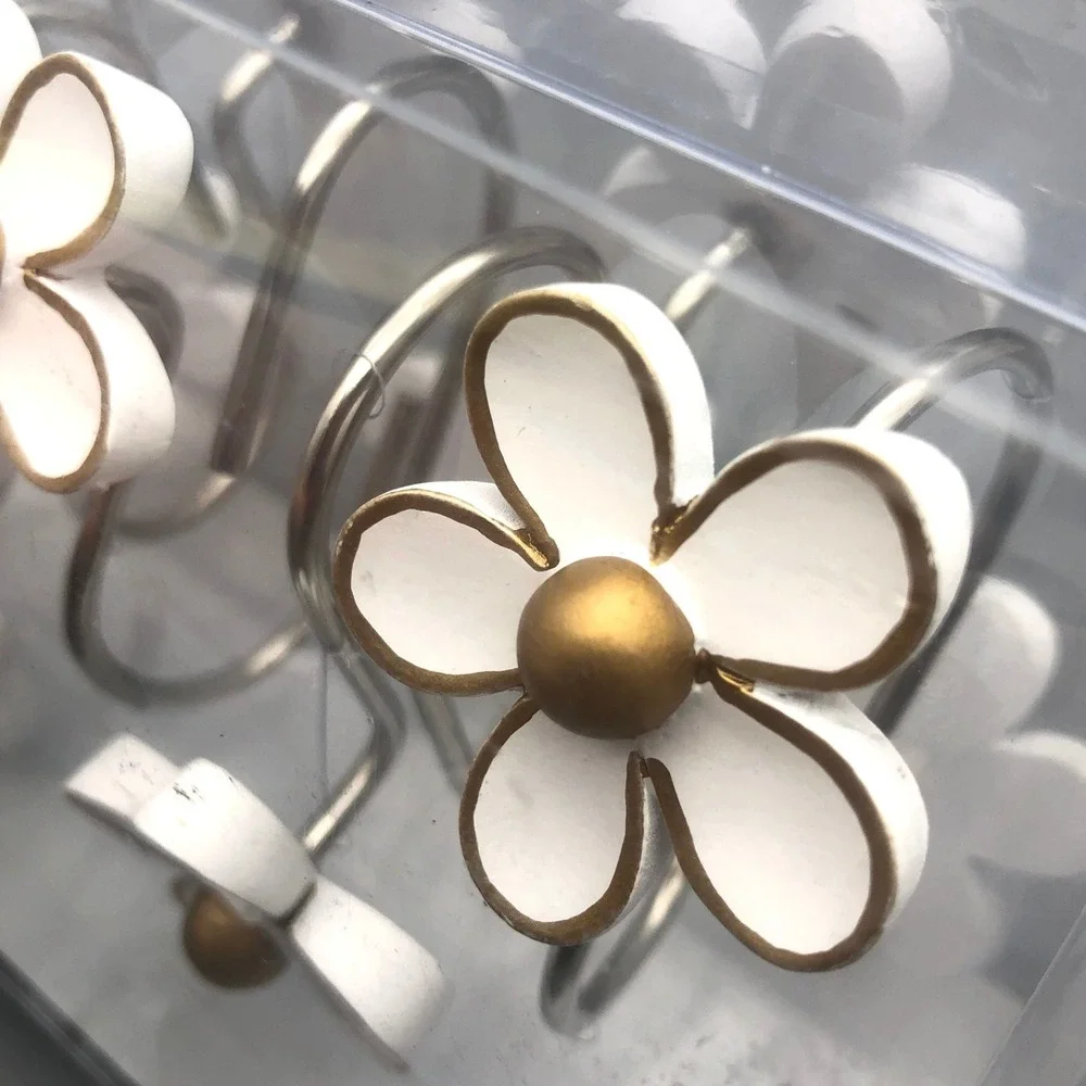 Simple Clever Homes Daisy Flower Shower Curtain Hooks Set of 12 White Gold Resin
